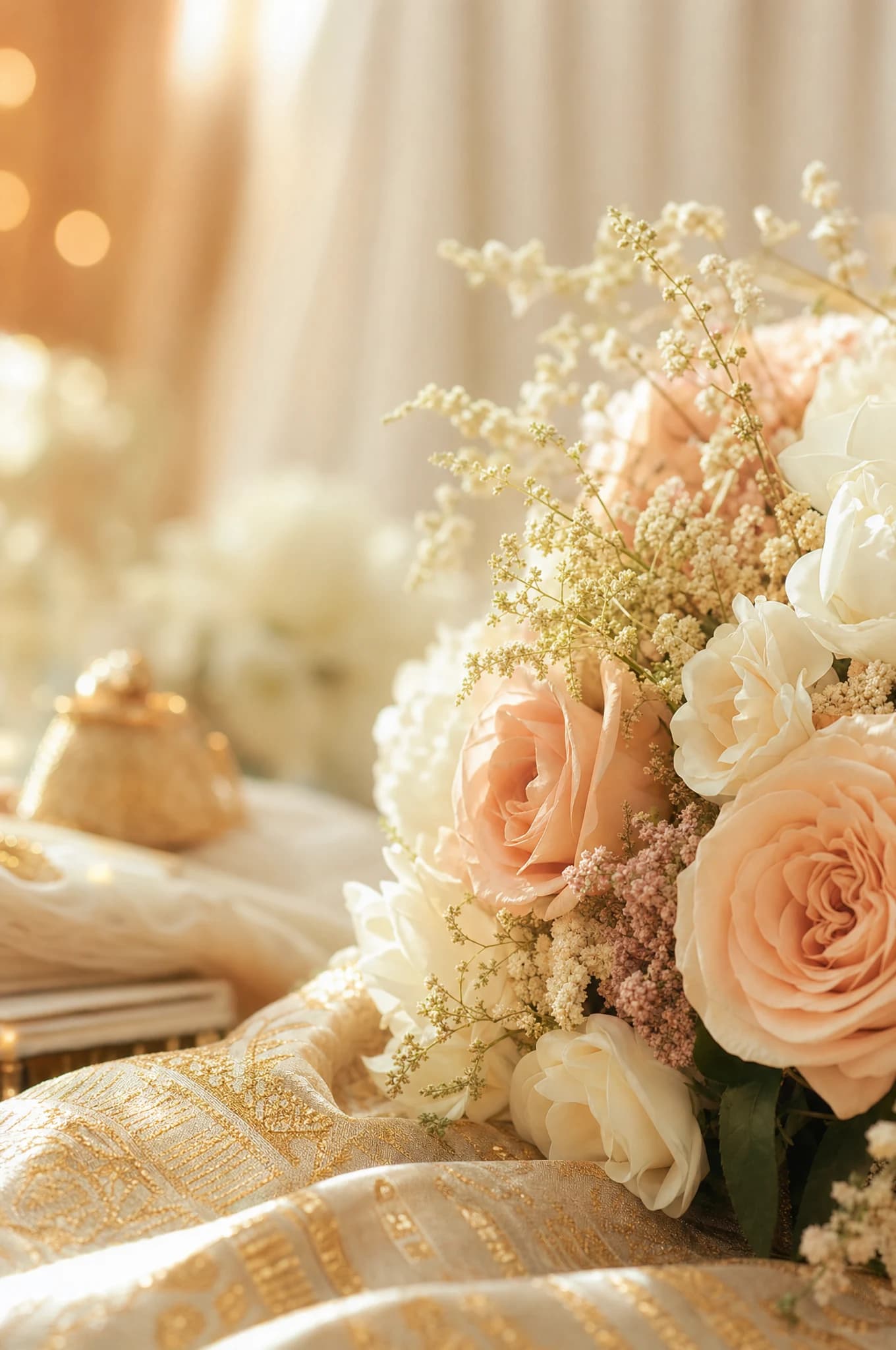 Sejambak bunga pengantin dan kain songket emas