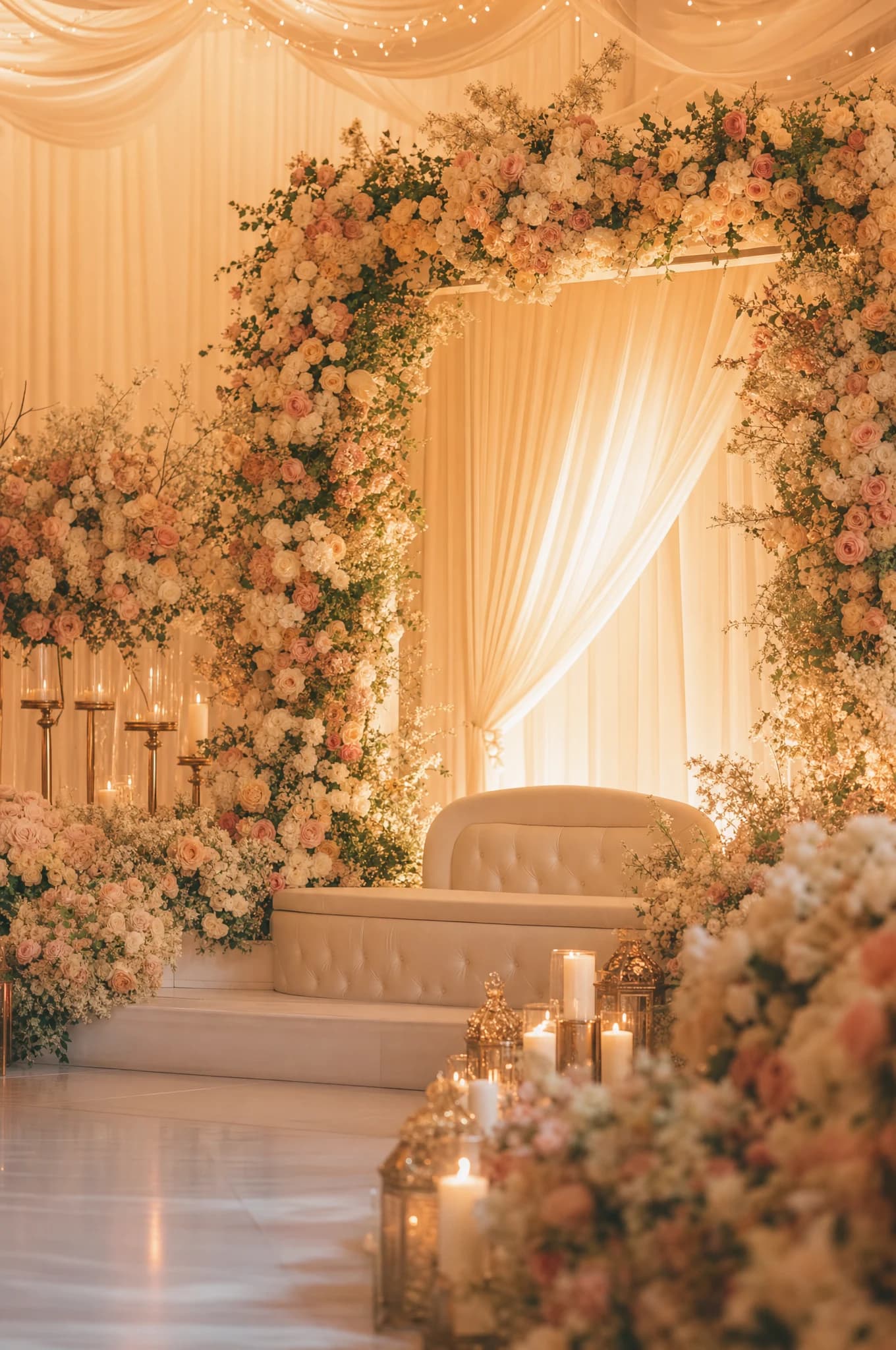 Pelamin perkahwinan Malaysia dihiasi bunga dan lilin