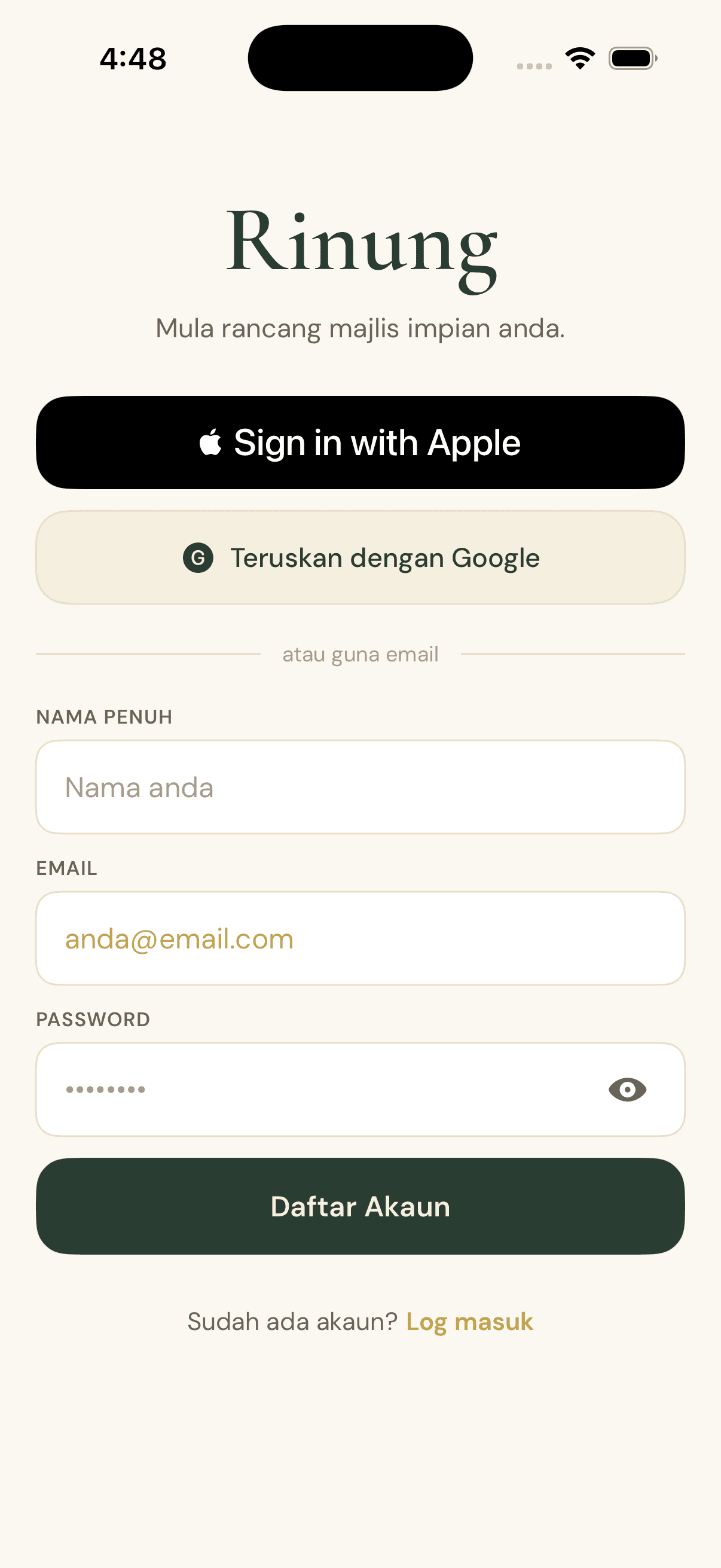 Daftar & Buat Akaun — Rinung iOS app screenshot